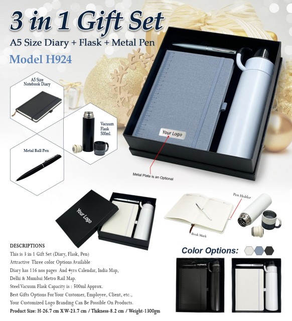 3 in 1 gift set diary, flask and metal pen